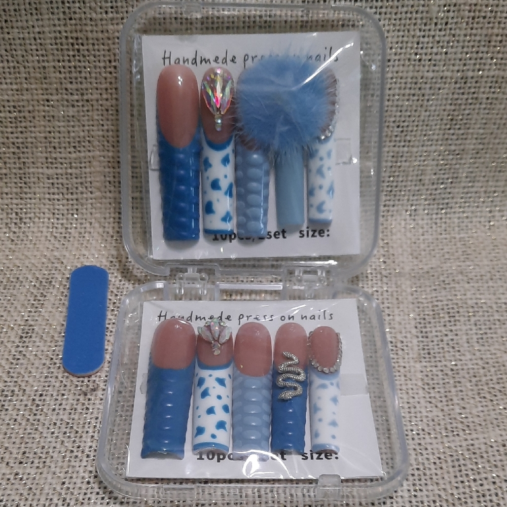 Extra Long Blue and Nude Handmade Press-On Nails Set of 10